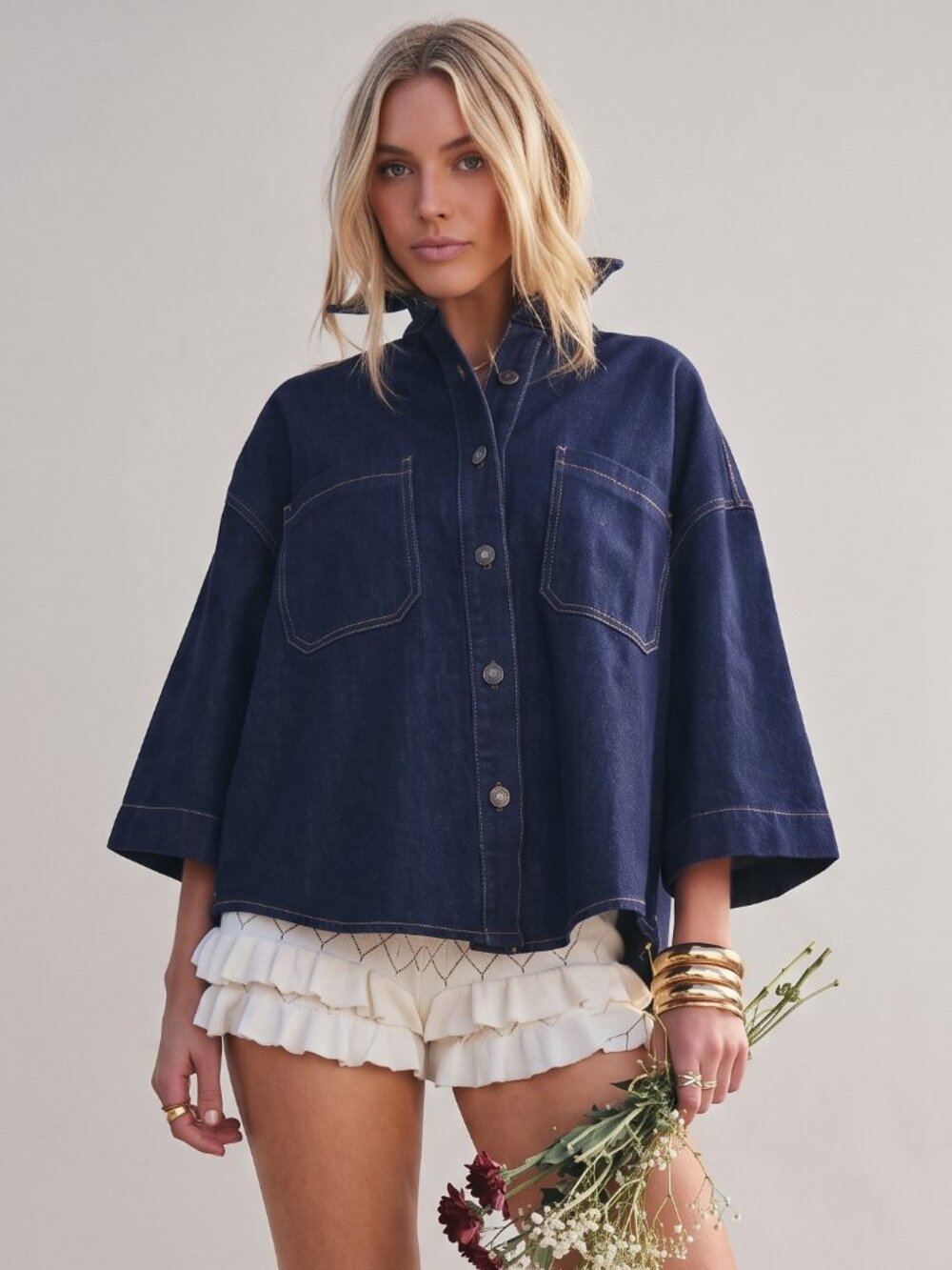 Women's Navy Cotton Oversized Button Front Drop Shoulder Jacket Chest Pockets